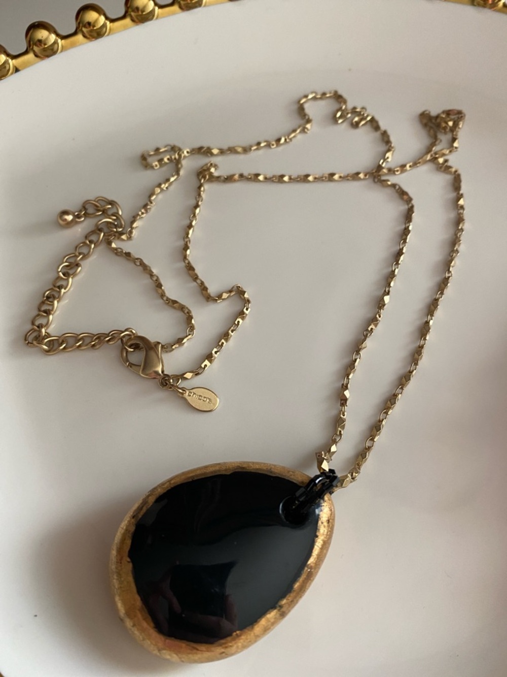 Chico's Gold-Tone Layered Chain Necklace with Black Teardrop Pendant